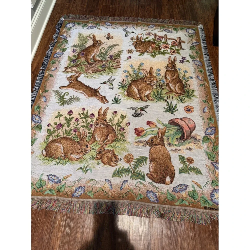 Crown Crafts Woven Tapestry Throw Blanket Rabbit Hummingbird Floral Made in USA